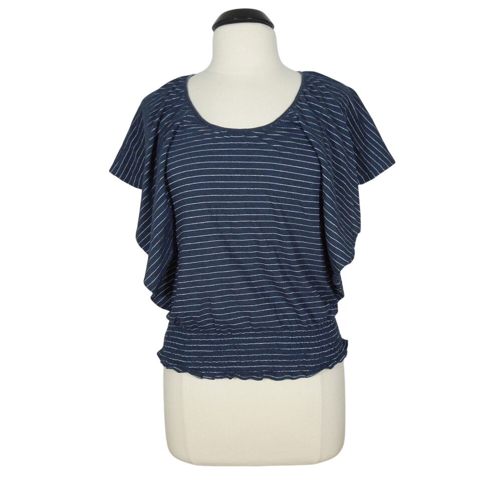 DKNY JEANS Top XS Womens Kimono Sleeves Scoop Neck Striped Smocked Elastic Hem